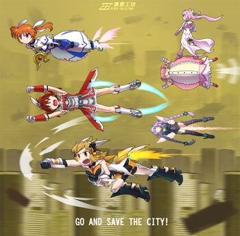 Rule 34 | > <, braid, brown hair, choujigen game neptune, city, crossover, fat, fat woman, flying, heei juun, isshiki akane, jetpack, kamen rider, kamen rider (1st series), kaname madoka, kaname madoka (magical girl), lyrical nanoha, magical girl, mahou shoujo lyrical nanoha, mahou shoujo madoka magica, mahou shoujo madoka magica (anime), multiple crossover, neptune (series), pink hair, purple hair, purple heart (neptunia), raising heart, raising heart (device mode) (1st), red hair, senki zesshou symphogear, short hair, staff, tachibana hibiki (symphogear), takamachi nanoha, takamachi nanoha (movie 1st mode), twin braids, vividred operation, winged footwear, yellow eyes, yuuki yuuna, yuuki yuuna wa yuusha de aru, yuusha de aru