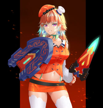 1girl aqua_streaks beret black_background bow breasts collarbone commentary earrings english_commentary feet_out_of_frame fire green_bow green_ribbon hat highres holding holding_shield holding_sword holding_weapon hololive hololive_english jewelry long_hair looking_at_viewer medium_breasts miniskirt multicolored_hair navel neck_ribbon open_mouth orange_hair orange_hat orange_shirt orange_skirt parted_lips purple_eyes red_background reeper_gtr ribbon shield shirt simple_background skirt smile solo standing strapless strapless_shirt streaked_hair sword takanashi_kiara takanashi_kiara_(1st_costume) thighhighs two-tone_background virtual_youtuber weapon white_thighhighs