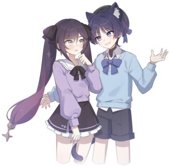 1boy 1girl absurdres alternate_costume animal_ear_fluff animal_ears aqua_eyes baegbalbaegjung beret black_bow black_hat black_shirt black_shorts black_skirt blouse blue_bow blue_sleeves blue_sweater blunt_bangs blunt_ends blush bow cat_boy cat_ears cat_tail choppy_bangs clenched_hand collar collarbone commission contemporary crescent_ornament cropped_legs earrings eyelashes eyeliner eyeshadow frilled_skirt frills genshin_impact gradient_hair hair_between_eyes hair_bow hand_up hat hat_bow height_difference hetero highres jewelry layered_skirt long_hair long_sleeves makeup mona_(genshin_impact) multicolored_hair open_hand open_mouth outstretched_arm parted_bangs purple_bow purple_eyes purple_hair purple_shirt purple_skirt purple_sleeves red_eyeliner red_eyeshadow scaramouche_(genshin_impact) school_uniform second-party_source shirt shorts sidelocks skirt star_(symbol) star_earrings star_print sweater tail tail_around_another&#039;s_leg tail_wrap turtleneck turtleneck_shirt twintails undershirt white_background white_collar