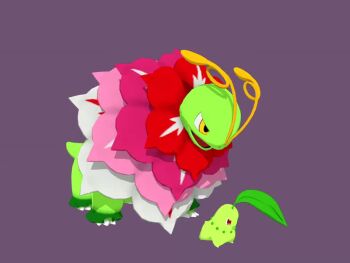 3d animal_focus animated antennae artist_request chikorita claws closed_eyes flower full_body gen_2_pokemon grey_background highres leaf long_neck looking_ahead mega_meganium meganium nintendo no_humans pokemon pokemon_(creature) pokemon_focus red_flower sauropod simple_background standing video yellow_eyes
