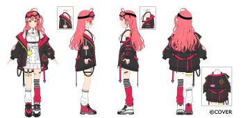 Rule 34 | 1girl, a-pose, absurdres, ahoge, asymmetrical footwear, asymmetrical legwear, bandaid on thigh, belt, black jacket, breasts, buttons, chest harness, cleavage cutout, clothing cutout, collared dress, commentary request, company name, copyright notice, double-breasted, dress, earrings, full body, garter belt, garter straps, goggles, goggles on head, green eyes, hair ornament, hairpin, harness, high collar, highres, hololive, jacket, jewelry, kneehighs, long hair, long sleeves, looking at viewer, medium breasts, mismatched footwear, mismatched legwear, mochipuyo (canvas mochi), multiple views, official alternate costume, official art, ofuda earrings, one side up, open clothes, open jacket, pink hair, red shoes, red socks, reference sheet, sakura miko, sakura miko (12th costume), shoes, simple background, single earring, single garter strap, ski goggles, sleeveless, sleeveless dress, sneakers, socks, standing, thigh strap, turnaround, virtual youtuber, white background, white dress, white shoes, white socks