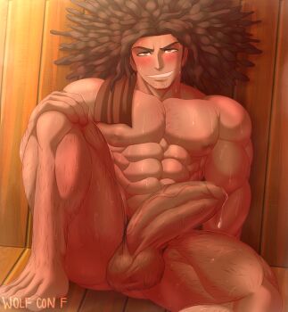1boy abs barefoot blush body_hair brown_hair danganronpa_(series) erection facial_hair foreskin hagakure_yasuhiro highres large_penis long_hair male_focus muscular naughty_face nipples nude pectorals penis sitting smile solo teeth testicles towel veins veiny_penis wolf_con_f