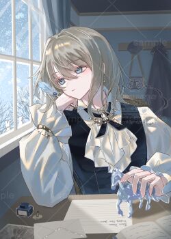 Rule 34 | 1boy, absurdres, androgynous, ascot, bishounen, black vest, blonde hair, book, collared shirt, commentary request, curtains, earrings, fingernails, frilled sleeves, frills, gem, glass horse, gold trim, hand up, highres, holding, holding pen, horse, ink, inkwell, jewelry, letter, looking to the side, male focus, medium hair, nib pen (object), nyaaamiii1182, open book, original, paper, parted lips, pen, quill, sample watermark, shirt, snow, vest, watermark, white gem, window