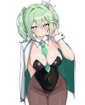 1girl :o absurdres arm_at_side arm_out_of_sleeve between_breasts black_leotard blush breasts bright_pupils brown_pantyhose choppy_bangs clothes_between_breasts commentary_request covered_navel cowboy_shot curvy detached_collar green_hair green_necktie hair_between_eyes hand_up highres jacket korean_commentary large_breasts leotard long_bangs looking_at_viewer maksagwa medium_hair multicolored_eyes multicolored_hair necktie necktie_between_breasts open_clothes open_jacket pantyhose parted_lips playboy_bunny simple_background small_sweatdrop solo standing stellive strapless strapless_leotard streaked_hair thigh_gap twintails two-tone_eyes virtual_youtuber white_background white_jacket white_pupils white_wrist_cuffs wide_hips wing_collar wrist_cuffs yuzuha_riko