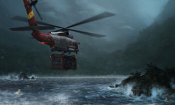 aircraft breaking_wave buoy crate edouard_groult fern fog helicopter highres island jungle jurassic_park nature no_humans rock vehicle_request waves
