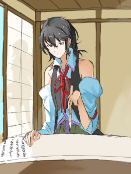 1other alternate_hairstyle androgynous bare_shoulders black_coat black_eyes black_hair calligraphy_brush closed_mouth coat collared_shirt commentary_request cowboy_shot detached_sleeves enraku_tsubakura expressionless green_hakama hair_between_eyes hair_tie hakama highres holding holding_calligraphy_brush holding_paintbrush houlen_yabusame indoors japanese_clothes len&#039;en light_frown long_hair long_sleeves looking_at_object low-tied_long_hair low_ponytail neck_ribbon no_headwear other_focus paintbrush ponytail red_ribbon ribbon scroll shirt shouji silhouette sleeveless sleeveless_coat sleeveless_shirt sliding_doors solo translation_request white_shirt white_sleeves writing yoni.