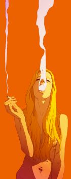 1girl blonde_hair cigarette commentary hair_censor holding holding_cigarette long_hair navel nona nude orange_background smoke smoke_from_mouth smoke_trail solo