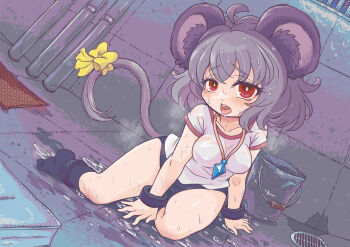 1girl ahoge alternate_costume animal_ears black_buruma black_socks blush bow breasts bucket buruma commentary_request cookie_(touhou) drain_(object) full_body grey_hair gym_uniform highres indoors jewelry looking_at_viewer medium_breasts medium_hair mouse_ears mouse_tail nazrin necklace nyon_(cookie) open_mouth pendant red_eyes shirt socks solo sweat tail tail_bow tail_ornament tile_floor tile_wall tiles touhou tsuzuchii white_shirt wristband yellow_bow