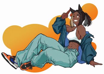 1girl abs dark-skinned_female dark_skin jose_(joseeidossei) michelle_my_baby_(umamusume) pants tagme umamusume umamusume:_cinderella_gray