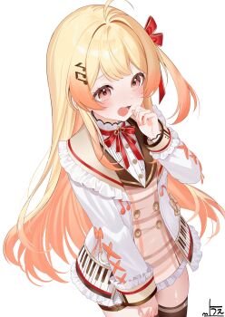 1girl absurdres ahoge black_thighhighs blonde_hair brown_dress brown_eyes brown_sailor_collar buttons commentary_request cross-laced_clothes cross-laced_sleeves double-breasted double-parted_bangs dress fortissimo frilled_jacket frills hair_ornament hair_ribbon hairclip hand_up highres hololive hololive_dev_is jacket long_hair long_sleeves musical_note musical_note_hair_ornament neck_ribbon one_side_up open_mouth otonose_kanade otonose_kanade_(1st_costume) piano_print plaid_clothes plaid_dress red_ribbon ribbon sailor_collar shirt sidelocks simple_background solo thigh_strap thighhighs uekana9 virtual_youtuber white_background white_jacket white_shirt