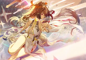 1girl absurdres armlet breasts brown_hair china_dress chinese_clothes dress droopy_ears hairband highres holding holding_sword holding_weapon jelmul jewelry large_breasts leg_tattoo long_hair ocean pelvic_curtain red_eyes silver_armlet solo sword tail tattoo weapon white_dress white_hairband ye_shunguang zenless_zone_zero