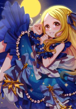 1girl blonde_hair blue_dress blush brown_eyes commentary_request dress full_moon highres idolmaster idolmaster_cinderella_girls long_hair looking_at_viewer mochizuki_hijiri moon motu7be1024 parted_bangs sky smile solo star_(sky) starry_sky