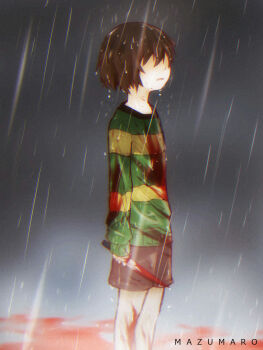 androgynous artist_name blood blood_on_clothes bloody_knife bloody_weapon brown_hair chara_(undertale) dagger gender_request hidden_eyes highres knife mazumaro open_mouth rain shaded_face shorts solo spoilers standing standing_in_rain striped_clothes striped_sweater sweater undertale utdr_(toby_fox) weapon