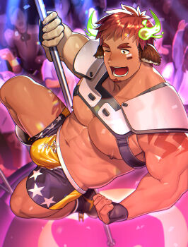 1boy :d abs animal_ears arima_(arima_bn) bara biceps brown_eyes brown_hair bulge chest_harness cow_boy cow_ears cow_horns dark-skinned_male dark_skin facial_hair fingerless_gloves gloves goatee harness highres horns large_bulge large_pectorals light_blush male_focus muscular muscular_male nipples one_eye_closed open_mouth pectorals pink_light pole pole_dancing purple_light shiny_skin smile solo_focus stripper stripper_pole sweat thick_eyebrows tokyo_houkago_summoners wakan_tanka