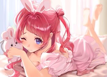 1girl animal_ears barefoot blue_eyes blush breasts commentary_request gakuen_idolmaster hanami_saki highres idolmaster lingerie lllllaaaaauuu long_hair looking_at_viewer lying negligee on_bed on_stomach one_eye_closed pink_negligee rabbit_ears red_hair smile solo stuffed_toy the_pose two_side_up underwear