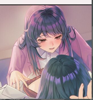 2girls angon623 black_hair jacket jewelry love_curse:_find_your_soulmate multiple_girls parted_lips pink_eyes pink_jacket purple_hair ring selene_yan shirt smile undressing_another victoria_qi wedding_ring white_jacket white_shirt yuri