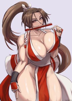 1girl absurdres breasts brown_eyes brown_hair cleavage curvy fatal_fury female_focus hand_fan highres japanese_clothes large_breasts long_hair looking_at_viewer matching_hair/eyes mouth_hold naughty_face no_bra ponytail pulling_own_clothes seductive_gaze seductive_smile shiranui_mai smile snk solo teasing the_king_of_fighters thick_thighs thighs wide_hips zugzugmine