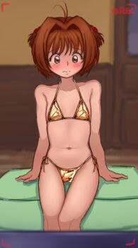 1girl bikini cardcaptor_sakura crabeggfuyung flat_chest gold_bikini highres indoors kinomoto_sakura loli navel side-tie_bikini_bottom sitting solo stomach swimsuit talking textless_version