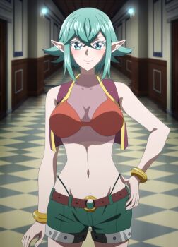 1girl alternate_costume bikini bikini_top_only breasts cleavage elf front-tie_bikini_top front-tie_top glasses green_eyes green_hair hand_on_own_hip highres large_breasts legs looking_at_viewer midriff navel pink_lips pointy_ears salaryman_ga_isekai_ni_ittara_shitennou_ni_natta_hanashi short_hair shorts smile solo stitched swimsuit sylphid_(salaryman_ga_isekai_ni_ittara_shitennou_ni_natta_hanashi) thighs third-party_edit thong whale_tail_(clothing)