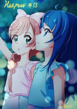 2girls arm_up artist_name blue_eyes blue_nightgown blurry bokeh bow braid braided_ponytail closed_mouth commentary cut_bangs depth_of_field green_eyes hair_bow hair_over_shoulder hair_tie highres long_hair looking_at_another looking_to_the_side matching_outfits mugima_kumata multiple_girls night nightgown nijigaoka_mashiro open_mouth outdoors pajamas pink_bow pink_hair pink_nightgown precure scene_reference signature single_braid sleepwear sleeveless smile sora_harewataru