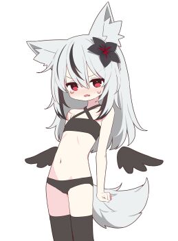 1girl animal_ear_fluff animal_ears bare_arms bare_shoulders black_bra black_flower black_hair black_panties black_thighhighs black_wings blush bra cowboy_shot criss-cross_halter cropped_legs detached_wings fang flat_chest flower fox_ears fox_girl fox_tail grey_hair hair_between_eyes hair_flower hair_ornament halterneck highres loli long_hair looking_at_viewer low_wings mini_wings multicolored_hair navel nose_blush open_mouth original panties parted_lips red_eyes simple_background solo standing stomach streaked_hair sweat tail tearing_up thighhighs two-tone_hair underwear underwear_only urotsuki_(ku9625) v-shaped_eyebrows wavy_mouth white_background wings
