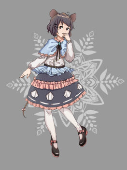 1girl :d alternate_costume analogous_colors animal_ears black_shoes blue_capelet blush bow brooch capelet closed_mouth commentary covering_own_mouth floral_background footwear_bow frilled_shirt frilled_skirt frilled_sleeves frills full_body furahata_gen grey_background grey_hair grey_neckerchief grey_skirt hair_ornament hairclip highres jewelry lolita_fashion long_sleeves looking_at_viewer mouse_ears mouse_tail nazrin neckerchief open_mouth outdoors pantyhose pink_bow red_eyes shirt shoes short_hair skirt smile solo standing tail tail_bow tail_ornament touhou warm_colored wheat_field white_pantyhose white_shirt