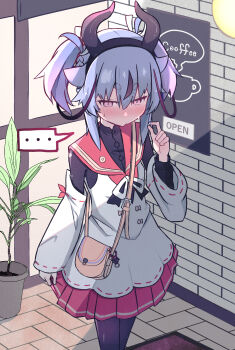 1girl adapted_costume alternate_hairstyle arm_at_side bag black_hair black_hairband black_pantyhose black_shirt blue_hair blue_nails blush breasts brick_wall buttons cafe carpet closed_mouth commentary_request cowboy_shot detached_sleeves double-breasted dress english_text fake_horns film_grain from_above genderswap genderswap_(otf) gradient_hair hair_between_eyes hair_flaps hairband half-closed_eyes hand_in_own_hair hand_up highres horn_hairband horns indoors jitome layered_sleeves long_sleeves looking_down meika_mikoto miniskirt multicolored_hair nail_polish nose_blush orange_bag pantyhose petite pink_eyes pink_hair plant pleated_skirt potted_plant red_sailor_collar red_skirt sailor_collar shirt short_dress shoulder_bag sidelocks skirt skirt_hold sleeveless sleeveless_dress small_breasts solo standing streaked_hair sukenoota sweat twintails typo vocaloid white_dress white_sleeves wide_sleeves wooden_floor