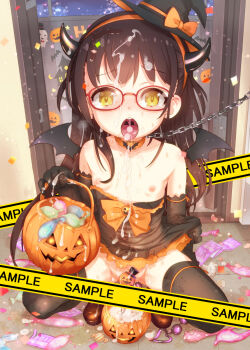 1girl animal_collar bare_shoulders bdsm black_dress black_gloves black_hat black_horns black_thighhighs black_wings bow bowtie breasts brooch brown_footwear brown_hair bucket bukkake clothes_lift clothes_pull collar collarbone commentary_request condom condom_wrapper confetti convenient_censoring crying crying_with_eyes_open cum cum_in_container cum_in_mouth cum_in_pussy cum_on_body cum_on_chest cum_on_clothes cum_on_hair cum_on_legs cum_on_tongue cumdrip demon_horns demon_wings dress dress_lift dress_pull elbow_gloves facial fake_horns fake_wings full_body furrowed_brow glasses gloves hairband halloween halloween_bucket halloween_costume hat hat_bow hat_ribbon heavy_breathing highres holding holding_bucket horn_hairband horns jewelry leash lifting_own_clothes loli long_hair looking_at_viewer matsumomo_mahiru mini_hat mini_witch_hat nipples no_panties open_mouth orange_bow orange_bowtie orange_collar orange_hairband orange_ribbon original red-framed_eyewear ribbon round_eyewear sample_watermark slave small_breasts solo squatting strapless strapless_dress tears teeth textless_version thighhighs tilted_headwear tongue tongue_out upper_teeth_only used_condom watermark wings witch_hat yellow_eyes