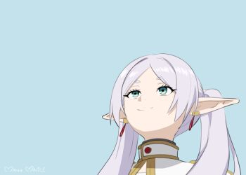 1girl blue_eyes elf frieren grey_hair highres looking_up maho_malice meme pointy_ears simple_background solo sousou_no_frieren twintails upper_body upward_angle_frieren_drawing upward_angle_frieren_drawing_(meme)