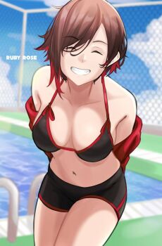 1girl arms_behind_back bikini breasts brown_hair cleavage grin happy highres large_breasts leaning_forward legs navel pool ruby_rose rwby short_hair smile solo swimsuit thighs water