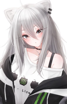 1girl absurdres animal_ear_piercing animal_ears black_choker black_jacket choker commentary_request grey_eyes grey_hair highres hololive jacket lion_ears lion_girl long_hair looking_at_viewer official_alternate_costume open_mouth ruo1001 shirt shishiro_botan shishiro_botan_(midnight_convenience_store) sidelocks solo very_long_hair virtual_youtuber white_shirt