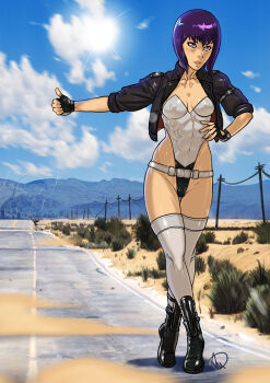 1girl curvy ganassa ghost_in_the_shell ghost_in_the_shell:_stand_alone_complex highleg highleg_leotard highres hitchhiking kusanagi_motoko leotard nipples_visible_through_shirt outdoors parted_lips road strapless strapless_leotard tagme wide_hips