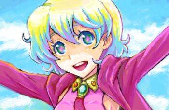 1girl aqua_eyes arms_up bad_drawr_id bad_id blonde_hair blue_hair blue_sky breasts cloud cross-shaped_pupils hair_between_eyes multicolored_hair nia_teppelin pink_pupils saikachi_(ogre_tree) short_hair sideboob sky solo symbol-shaped_pupils tengen_toppa_gurren_lagann two-tone_hair upper_body