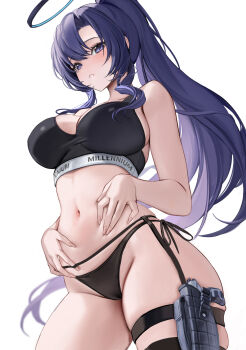 1girl black_bra black_panties blue_archive bra breasts cleavage cowboy_shot halo high_ponytail highres large_breasts long_hair mikan03_26 panties parted_lips ponytail purple_eyes purple_hair simple_background solo stomach thigh_strap underwear very_long_hair white_background yuuka_(blue_archive)