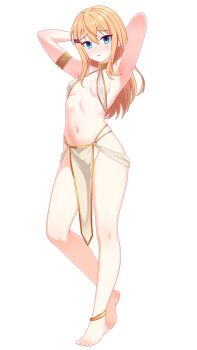 1girl absurdres arabian_clothes armlet armpits barefoot blonde_hair blue_eyes blush breasts chrono_ark dancer dullahan_(alekey_art) full_body gold_trim harem_outfit highres jewelry long_hair looking_at_viewer lucy_(chrono_ark) navel revealing_clothes small_breasts solo standing white_background