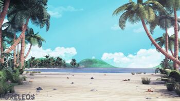 3d artist_name beach blender_(medium) blue_sky bush cloud commentary day english_commentary foxeleos grass highres no_humans original outdoors palm_tree photoshop_(medium) sand scenery seashell shell sky tree water watermark