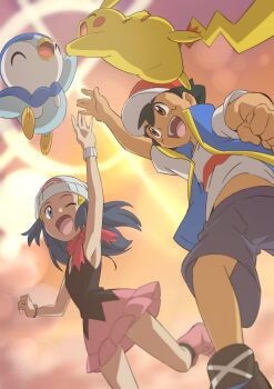 1boy 1girl :d arm_up ash_ketchum baseball_cap beanie black_hair black_socks blue_jacket boots brown_eyes commentary_request dawn_(pokemon) day gen_1_pokemon gen_4_pokemon hat highres jacket kneehighs long_hair nintendo open_mouth outdoors pikachu pink_boots pink_skirt piplup pokemon pokemon_(anime) pokemon_journeys red_headwear scarf shirt shoes short_hair short_sleeves shorts skirt sleeveless sleeveless_jacket sleeveless_shirt smile socks t-shirt teeth tongue upper_teeth_only white_headwear white_shirt yusuke_oshida