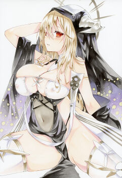 1girl asebi azur_lane bare_shoulders black_veil blonde_hair breast_cutout breasts cleavage covered_erect_nipples covered_navel fake_horns forward-facing_horns hair_between_eyes hand_in_own_hair highres horns implacable_(azur_lane) large_breasts long_hair looking_at_viewer nun pelvic_curtain red_eyes revealing_clothes simple_background skindentation solo thighhighs traditional_media veil white_background white_horns white_thighhighs