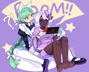 !? 2girls :o absurdres apron ashusa barefoot black_dress black_shoes blunt_bangs blush bow bowtie braid braided_ponytail brooch brown_bow brown_eyes closed_mouth commentary dress english_text eyeliner fang flower glove_bow gloves green_hair hair_flower hair_ornament handheld_game_console hat hat_ribbon highres holding holding_handheld_game_console jacinthe_(pokemon) jewelry knees_up lebanne_(pokemon) leg_warmers long_hair long_sleeves maid_apron maid_headdress makeup multiple_girls nintendo nintendo_switch open_mouth playing_games pokemon pokemon_legends:_z-a purple_background purple_eyes purple_gloves purple_hair purple_hat purple_ribbon purple_shirt purple_skirt ribbon shirt shoes signature simple_background sitting sitting_between_lap skirt smile speech_bubble star_(symbol) sweatdrop swept_bangs symbol-only_commentary very_long_hair white_bow white_bowtie white_leg_warmers wide_sleeves yuri