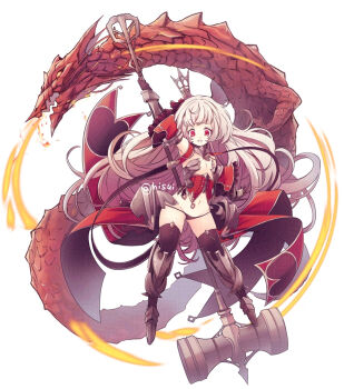Rule 34 | 1girl, armor, armpits, black gloves, black panties, black thighhighs, breath weapon, breathing fire, commentary request, crown, dragon, eyebrows hidden by hair, fire, flat chest, full body, gloves, greaves, hammer, hisui (syarute), holding, holding hammer, huge weapon, long hair, looking at viewer, mini crown, navel, open mouth, original, panties, red eyes, revealing clothes, simple background, smile, solo, stomach, thighhighs, underwear, vambraces, war hammer, weapon, white background, white hair