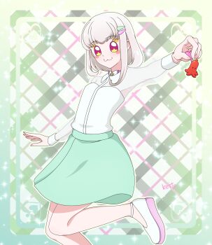 Rule 34 | 1girl, :3, absurdres, artist name, bare legs, blonde hair, blush stickers, border, bow, bowtie, breasts, brooch, closed mouth, collared shirt, colored shoe soles, commentary, facial mark, fingernails, food, food art, foot out of frame, gingham background, gradient eyes, green background, green border, green skirt, hair ornament, hairpin, heart, heart background, heart facial mark, high heels, highres, holding, holding food, jewelry, kimi to idol precure, leg up, long sleeves, looking at viewer, miniskirt, multicolored eyes, outline, outside border, outstretched arm, patterned background, pink eyes, precure, purirun (civilian) (precure), purirun (fairy) (precure), purirun (precure), sakuragawa3710, sausage, see-through clothes, see-through shirt, see-through sleeves, shirt, shirt tucked in, shoes, short hair, skirt, sleeve cuffs, small breasts, smile, solo, sparkle, sparkle background, star-shaped pupils, star (symbol), star brooch, strappy heels, symbol-shaped pupils, tako-san wiener, wedge heels, white bow, white bowtie, white outline, white shirt, white shoes