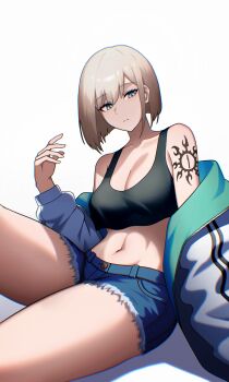 1girl aqua_eyes arm_tattoo bare_shoulders black_shirt blue_shorts borrowed_character breasts brown_hair cero_(last2stage) cleavage closed_mouth commentary commission crop_top denim denim_shorts english_commentary eyelashes highres jacket long_sleeves midriff navel off_shoulder open_clothes open_jacket original shirt short_hair short_shorts shorts simple_background sitting solo tattoo thick_thighs thighs torn_clothes torn_shorts white_background white_jacket