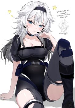 2girls black_bodysuit black_choker black_hairband blue_eyes blush bodysuit breasts choker cleavage closed_mouth collarbone commentary doodle_inset double-parted_bangs english_commentary hair_between_eyes hairband headset highres indie_virtual_youtuber long_hair looking_at_viewer medium_breasts multiple_girls rihsuri_(vtuber) sharkyyuna sharkyyuna_(vtuber) short_sleeves simple_background sitting smile solo_focus star_(symbol) virtual_youtuber white_background white_hair