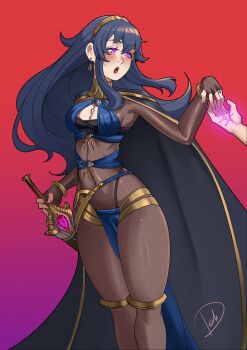1boy 1girl absurdres alternate_costume aura black_bodystocking blue_cape blue_hair blush bodystocking bracelet breasts bridal_gauntlets bridal_legwear cape cleavage corruption cosplay dancer dark_aura dark_persona deliciousbrain dorothea_arnault dorothea_arnault_(cosplay) dorothea_arnault_(plegian) dorothea_arnault_(plegian)_(cosplay) eyes_of_grima falchion_(fire_emblem) fire_emblem fire_emblem_awakening fire_emblem_heroes gold_collar grima_(fire_emblem) hair_between_eyes harem_outfit highres intelligent_systems jewelry long_hair lucina_(fire_emblem) male_robin_(fire_emblem) male_robin_(grima)_(fire_emblem) medium_breasts nintendo open_mouth pantyhose pelvic_curtain possessed possession purple_eyes sheath sheathed solo_focus sword thighlet tiara weapon