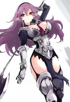 Rule 34 | 1girl, armor, breasts, cleavage, cleavage cutout, closed mouth, clothing cutout, commentary, cowboy shot, disgaea, dot mouth, gauntlets, hair between eyes, hairband, halberd, heavy knight (disgaea), highres, holding, holding weapon, knee guards, large breasts, long hair, looking at viewer, makai senki disgaea, pointy ears, polearm, purple eyes, purple hair, simple background, solo, standing, thighs, tsutsugano, very long hair, weapon, white background
