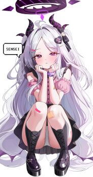 1girl absurdres ahoge alternate_costume alternate_hairstyle bandaid bandaid_on_arm bandaid_on_knee bandaid_on_leg black_boots black_bow black_bowtie black_halo black_horns black_skirt blue_archive blush boots bow bowtie clothing_cutout collared_shirt demon_girl demon_horns demon_wings dot_nose elbows_on_knees frilled_sleeves frills hair_bow hair_ornament hair_over_shoulder hairclip half-closed_eyes halo hands_up head_on_hand heart heart_bow heart_hair_ornament highres hina_(blue_archive) horns jirai_kei knees loli long_eyelashes long_hair looking_at_viewer low_wings multiple_horns no_panties panties parted_bangs parted_lips platform_boots pleated_skirt purple_eyes purple_scrunchie scrunchie shirt short_sleeves shoulder_cutout simple_background skirt solo speech_bubble squatting suisen_(suisenhwa) thighs twintails underwear very_long_hair white_background white_hair white_panties wings wrist_scrunchie