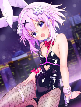 1girl :d animal_ears arm_ribbon arm_support armpit_crease bare_shoulders black_leotard black_pantyhose blurry blurry_background bow bowtie breasts clothing_cutout collar commentary_request covered_navel crossed_bangs cuffs d-pad d-pad_hair_ornament detached_collar eima fake_animal_ears fishnet_pantyhose fishnets gluteal_fold hair_between_eyes hair_ornament hairband hand_on_own_thigh handcuffs head_tilt heart_cutout highleg highleg_leotard highres leotard looking_at_viewer neptune_(neptunia) neptune_(series) o-ring_strap open_mouth pantyhose playboy_bunny purple_eyes purple_hair rabbit_ears rabbit_hole_(vocaloid) red_bow red_bowtie red_nails red_ribbon ribbon short_hair sidelocks small_breasts smile solo thigh_strap white_collar white_hairband x_hair_ornament