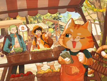 2boys ? backpack bag banknote black_hair black_pants blue_jacket cat commentary cross_scar facial_scar feet_out_of_frame food glasses green_hair haramaki hat highres holding holding_money jacket katana looking_at_another male_focus money monkey_d._luffy multiple_boys nami_(one_piece) one_eye_closed one_piece open_clothes open_jacket open_mouth open_shirt orange_shirt outdoors pants roronoa_zoro scar scar_on_cheek scar_on_chest scar_on_face shirt shop shopping speech_bubble straw_hat sweatdrop sword symbol-only_commentary thought_bubble toku0034 tree vegetable weapon