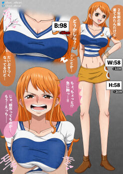 1girl absurdres anime_coloring blue_shirt blush breasts brown_eyes brown_shoes brown_skirt commentary_request covered_erect_nipples crop_top cropped_shirt grabbing_another&#039;s_breast gradient_background groping hand_on_own_hip hari_official highres large_breasts long_hair measurements midriff miniskirt multiple_views nami_(one_piece) navel one_piece open_mouth orange_hair pixiv_username redrawn self_cosplay shirt shoes simple_background skirt smile speech_bubble striped_clothes striped_shirt translated twitter_username white_shirt