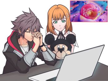 1boy 1girl black_coat_(kingdom_hearts) black_jacket brown_hair character_doll closed_eyes closed_mouth commentary computer detached_collar doll dress english_commentary green_eyes highres jacket jewelry kikufukuslayer kingdom_hearts kingdom_hearts_iv laptop long_hair long_sleeves mickey_mouse necklace open_clothes open_jacket own_hands_together shirt short_hair sitting sleeveless sleeveless_dress sora_(kingdom_hearts) spiked_hair strelitzia_(kingdom_hearts) table white_dress white_shirt